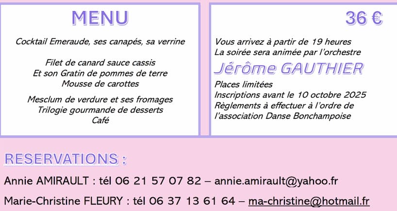 Invitation Dîner annuel Association Danse Bonchampoise